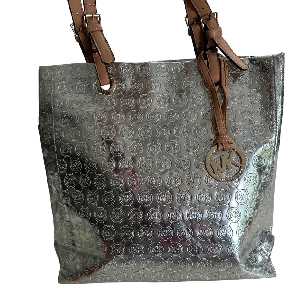 Michael Kors Metallic Silver Embossed Logo Statement Tote Bag Tan Leather Straps